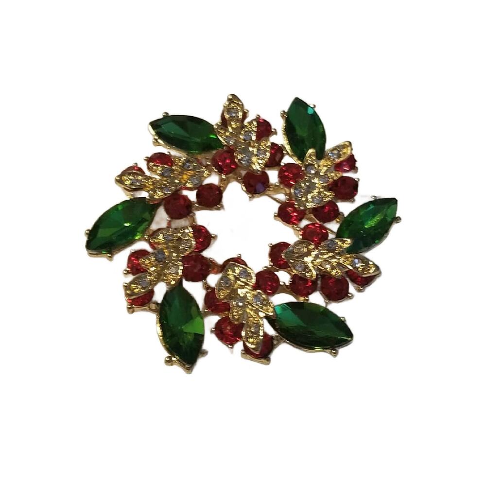 Vintage Crystal Christmas Wreath Brooch, Red and Green